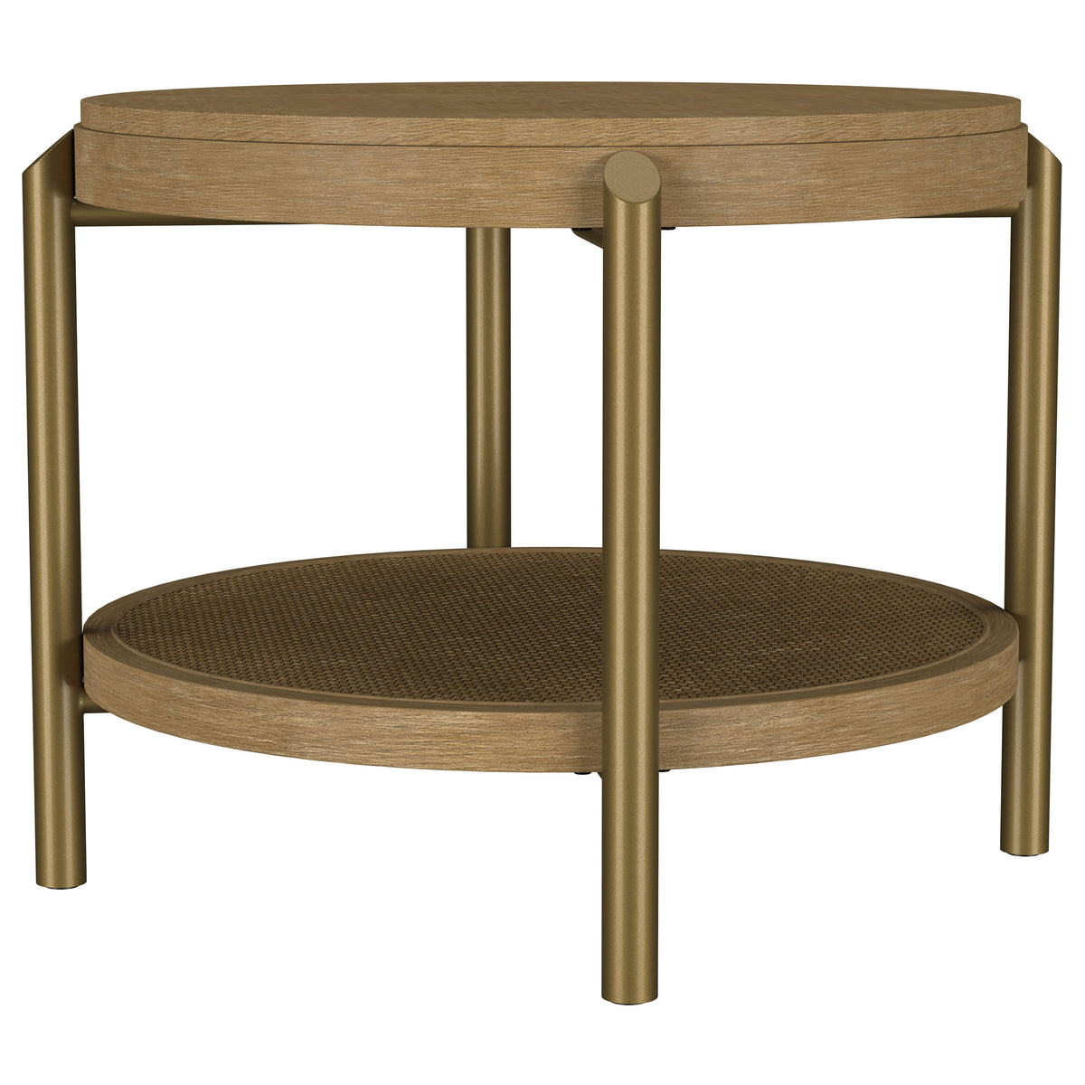 Arini Round Coffee Table & End Table - Sand Wash Ash with Woven Rattan Shelf & Aged Brass Legs – view 17