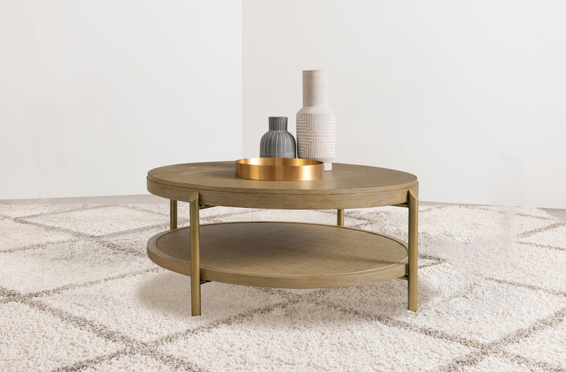 Arini Round Coffee Table & End Table - Sand Wash Ash with Woven Rattan Shelf & Aged Brass Legs