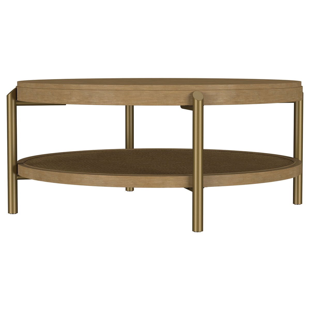 Arini Round Coffee Table & End Table - Sand Wash Ash with Woven Rattan Shelf & Aged Brass Legs – view 7