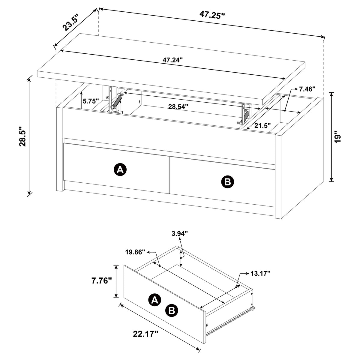 Knapp Lift-Top Coffee Table with 2 Drawers & End Table Sets - Minimalist Black – view 15