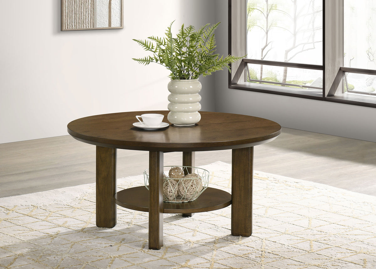 Ottowa Round Wood Coffee Table, End Table & Sets - Sculpted Cylinder Legs with Shelf in Brown Oak – view 1