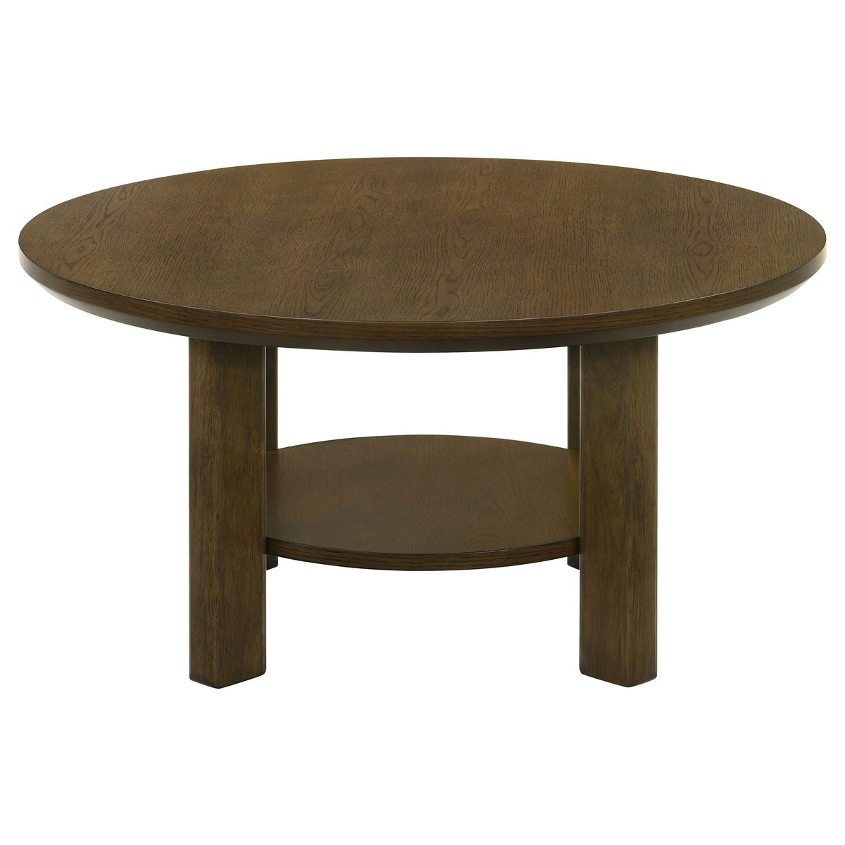 Ottowa Round Wood Coffee Table, End Table & Sets - Sculpted Cylinder Legs with Shelf in Brown Oak – view 8