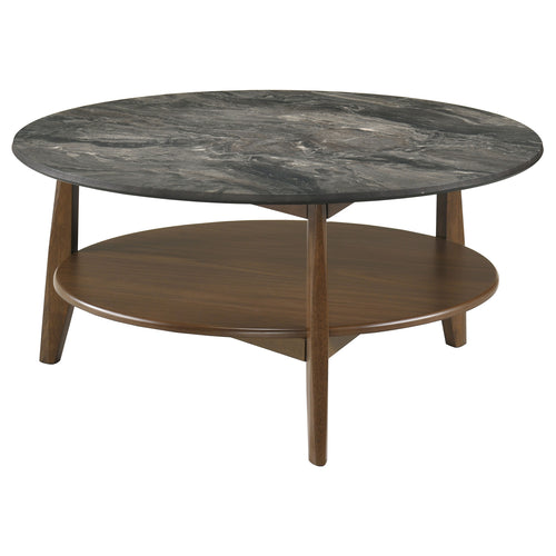Bradley Round SmartTop Coffee Table & End Table Sets - Mid-Century Smokey Grey with Dark Brown Base