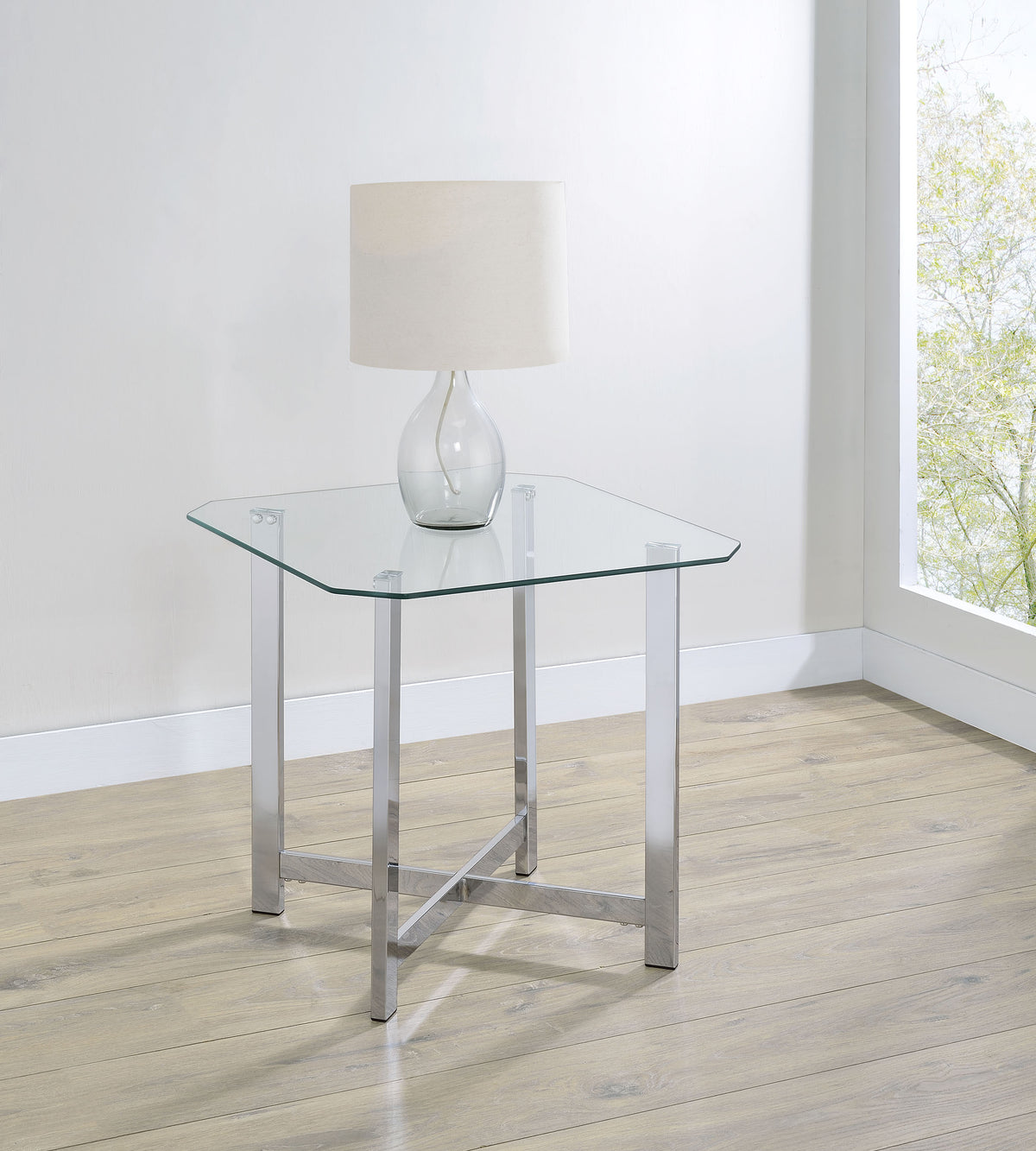 Cronin Glass Top Coffee & End Tables - Contemporary Chrome Frame with Cross Bracing – view 11