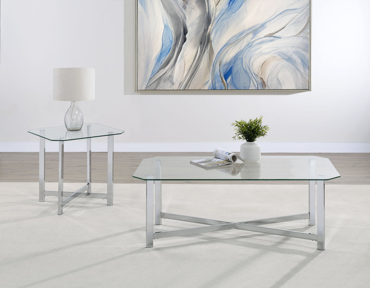 Cronin Glass Top Coffee & End Tables - Contemporary Chrome Frame with Cross Bracing – view 16