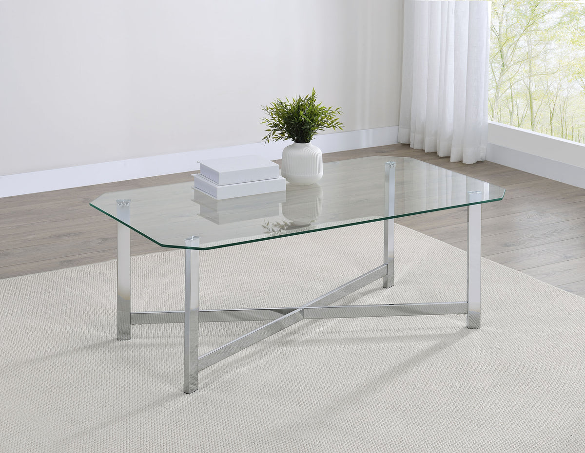 Cronin Glass Top Coffee & End Tables - Contemporary Chrome Frame with Cross Bracing – view 1