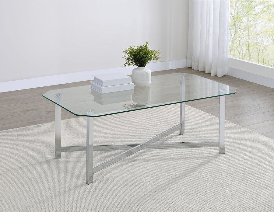Cronin Glass Top Coffee & End Tables - Contemporary Chrome Frame with Cross Bracing