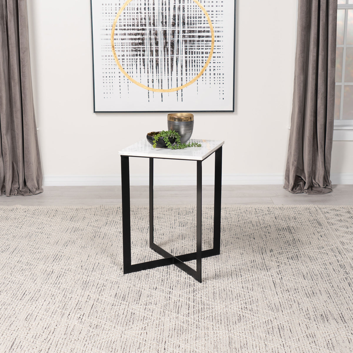 Tobin Square Marble Top Coffee Table & End Table Sets - White Marble on Black Crisscross Metal Base – view 12