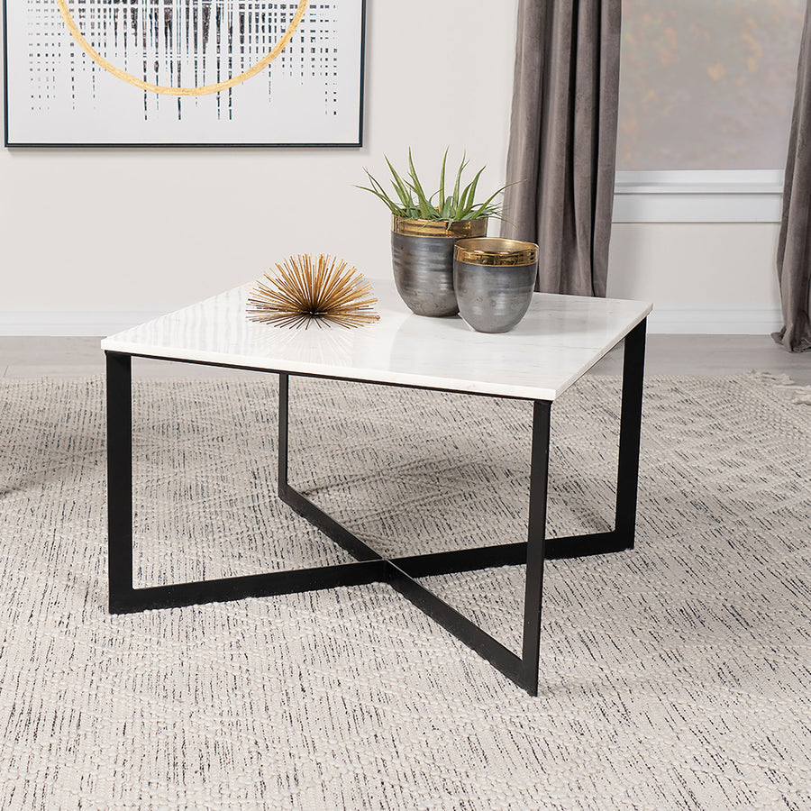 Tobin Square Marble Top Coffee Table & End Table Sets - White Marble on Black Crisscross Metal Base