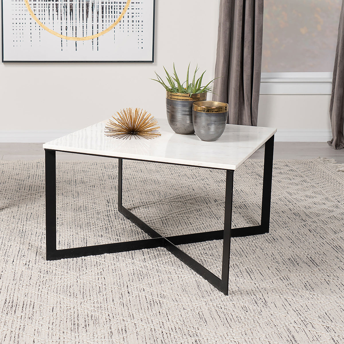 Tobin Square Marble Top Coffee Table & End Table Sets - White Marble on Black Crisscross Metal Base – view 1
