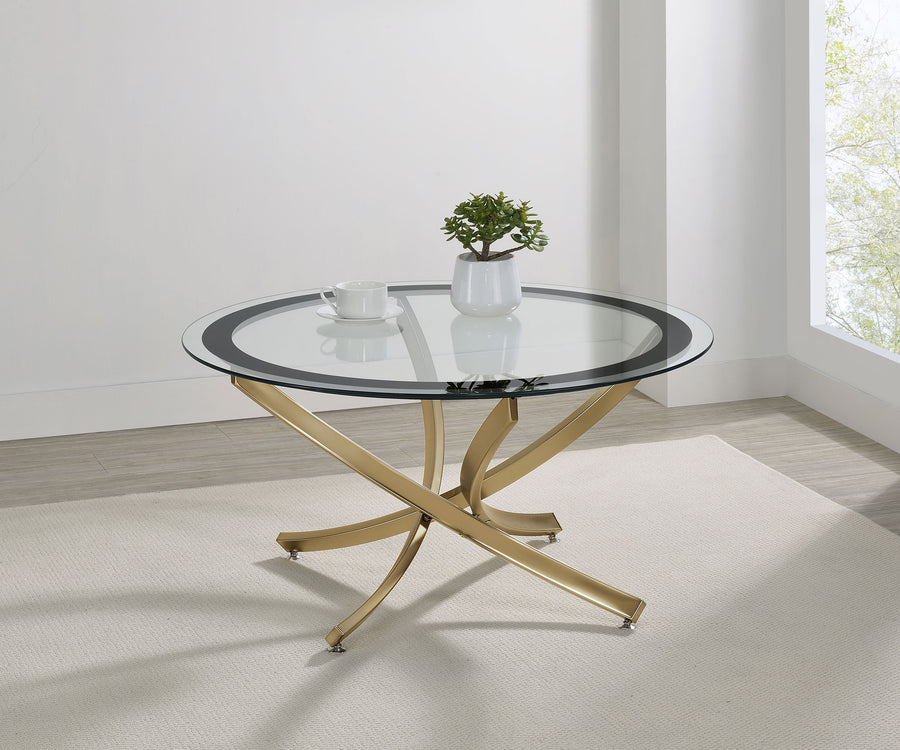 Brooke Round Glass Top Coffee & End Table Sets - Curved Rose Brass Metal Base with Black Frame