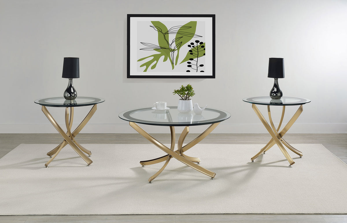 Brooke Round Glass Top Coffee & End Table Sets - Curved Rose Brass Metal Base with Black Frame – view 9