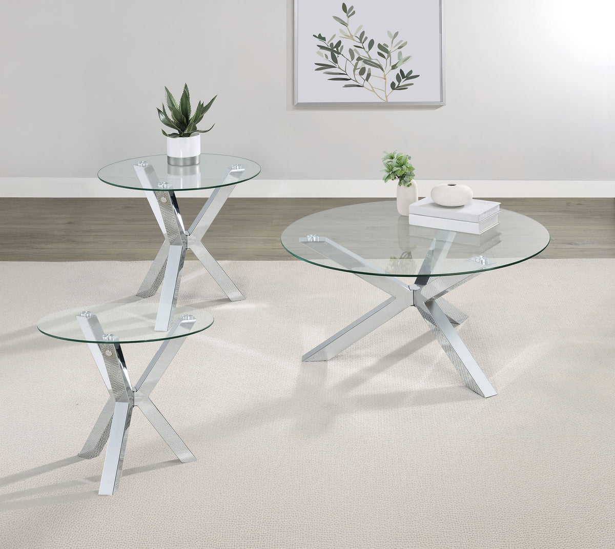 Kenzie Round Glass Top Coffee & End Tables - 3pcs- Coffee Table + 2 End Tables