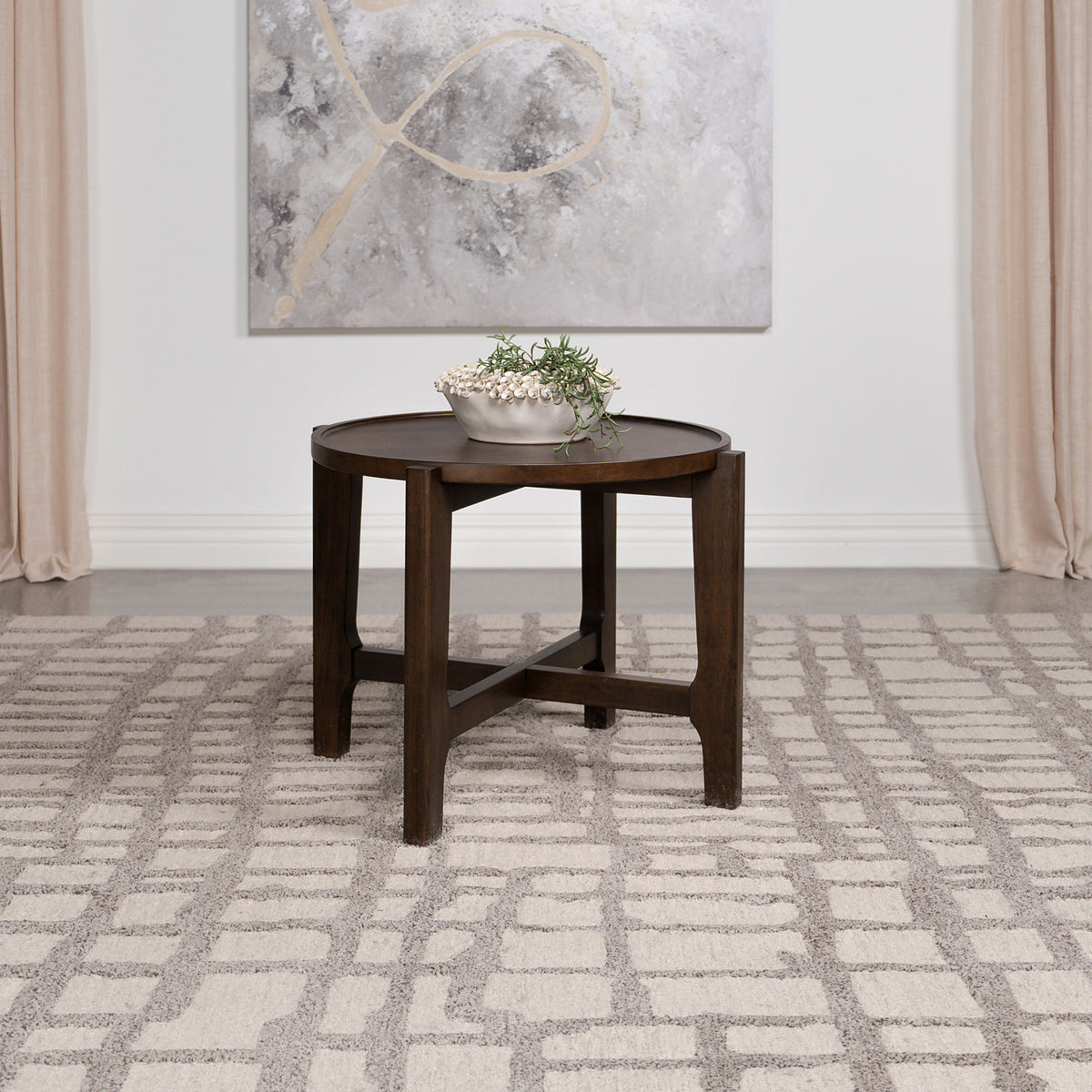 Cota Round Solid Wood Coffee & End Table Sets - Recessed Tops & Intersecting Legs in Dark Brown – view 2