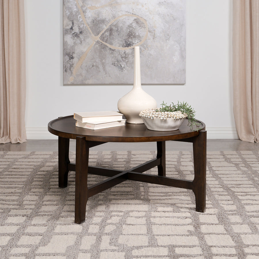 Cota Round Solid Wood Coffee & End Table Sets - Recessed Tops & Intersecting Legs in Dark Brown