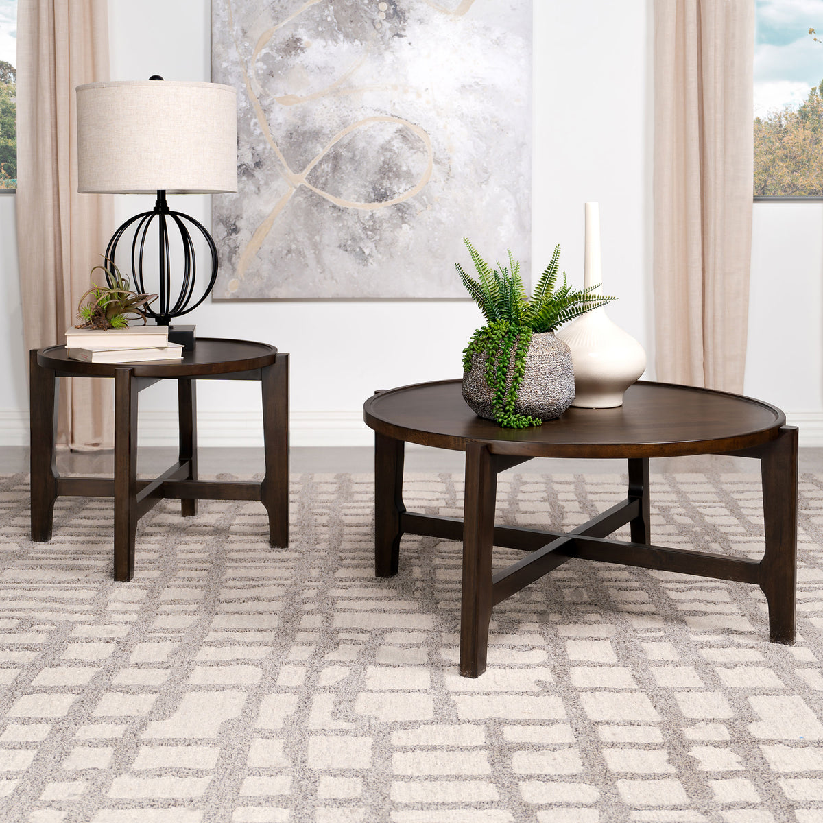 Cota Round Solid Wood Coffee & End Table Sets - Recessed Tops & Intersecting Legs in Dark Brown – view 11