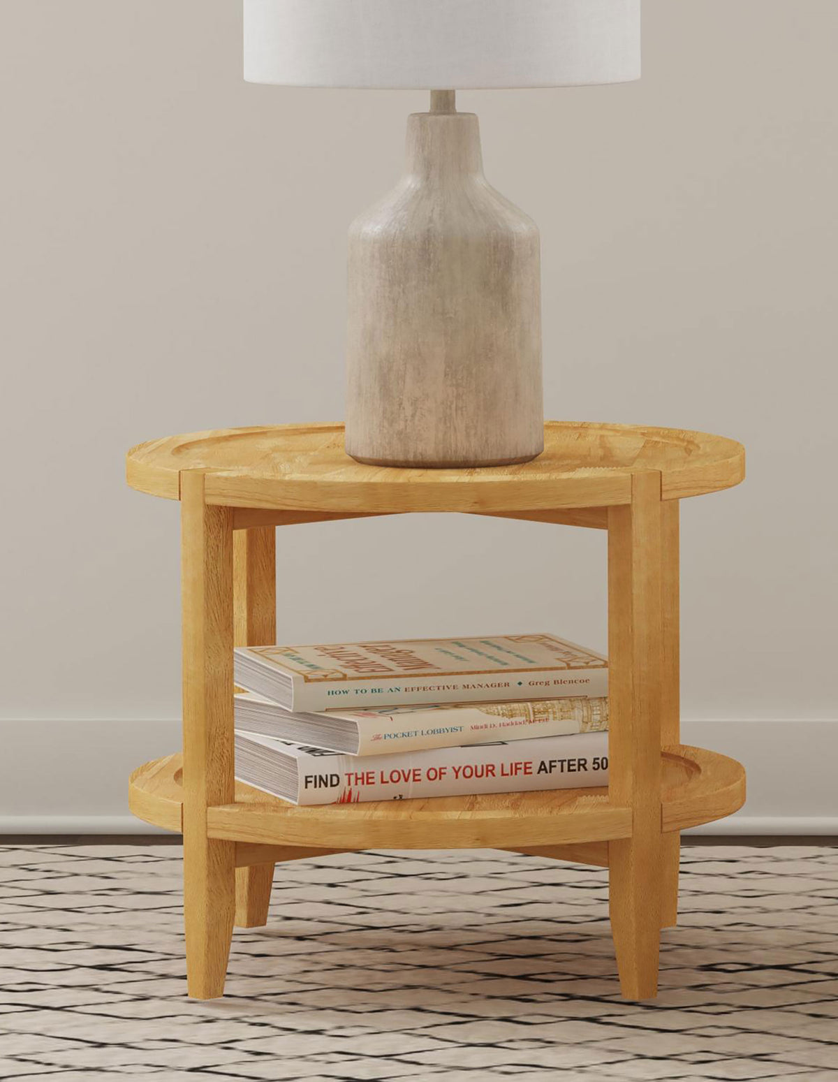 Camillo Round Coffee Table & End Table Sets - Modern Farmhouse Solid Rubberwood with Tray-Edge Shelf in Maple – view 2