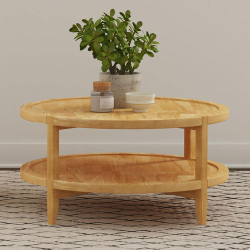 Camillo Round Coffee Table & End Table Sets - Modern Farmhouse Solid Rubberwood with Tray-Edge Shelf in Maple