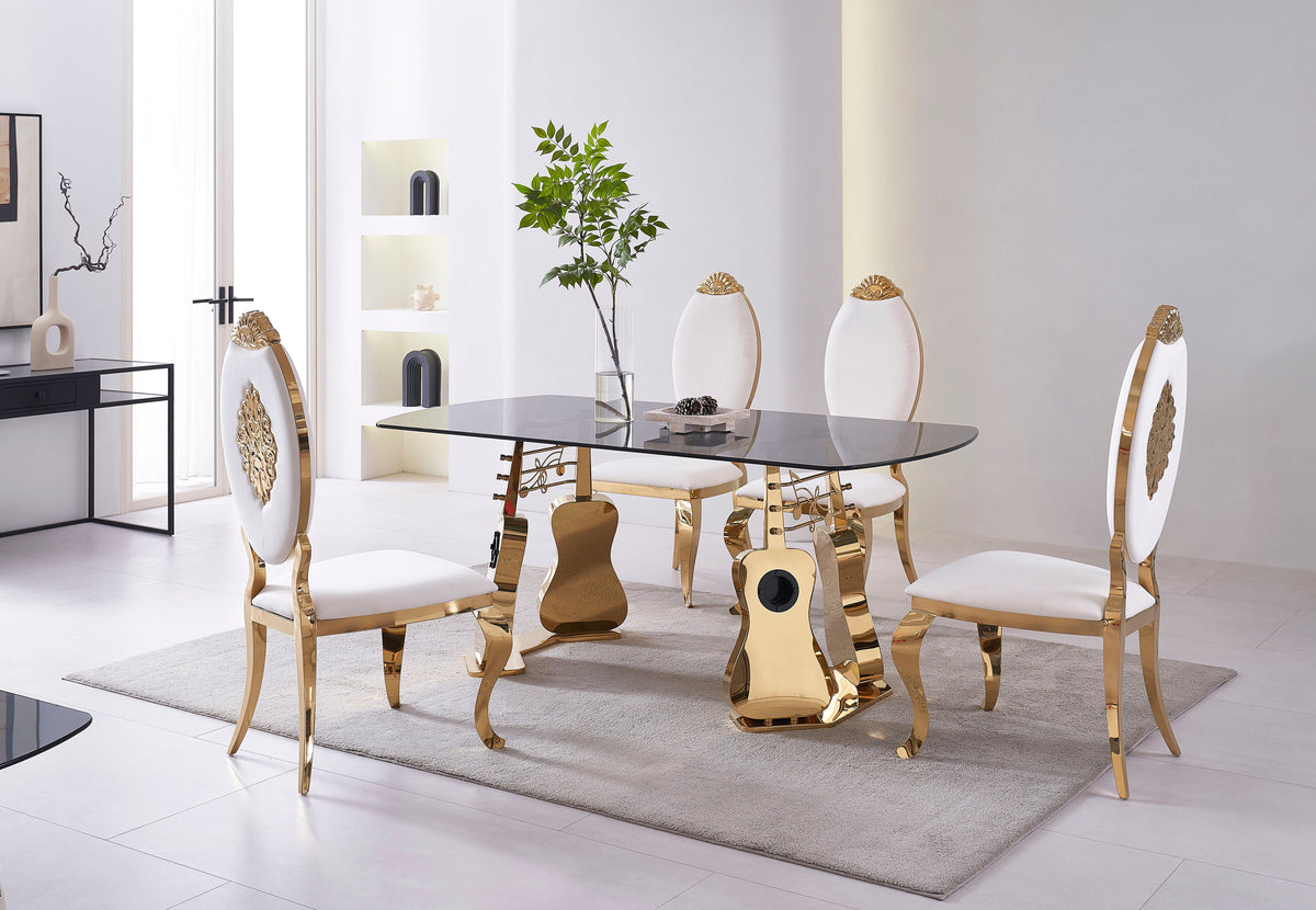 Contemporary smoked glass dining table with artistic gold guitar-shaped metal legs