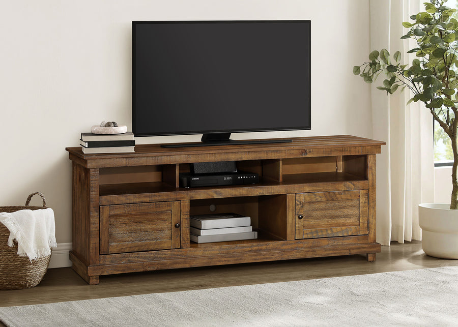 Payne 70" Farmhouse TV Stand - Two Cabinets & Open Shelves in Distressed Brown, Fits TVs up to 75"