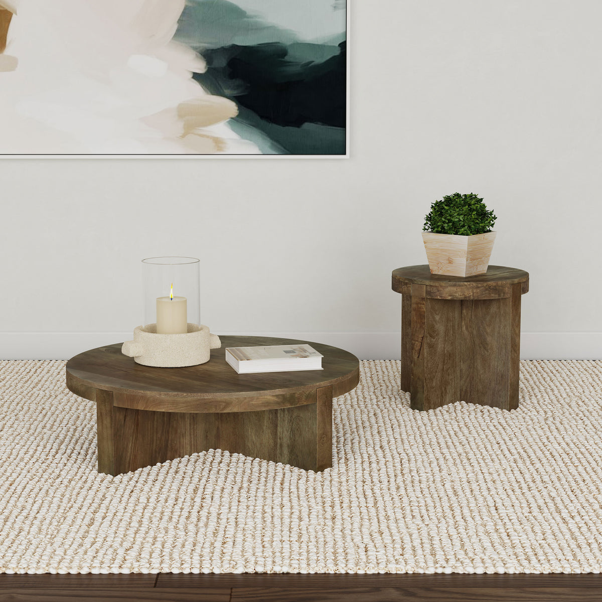 Kinkaid Round Solid Mango Wood Coffee & End Table - Thick Slab Legs in Dark Brown – view 11