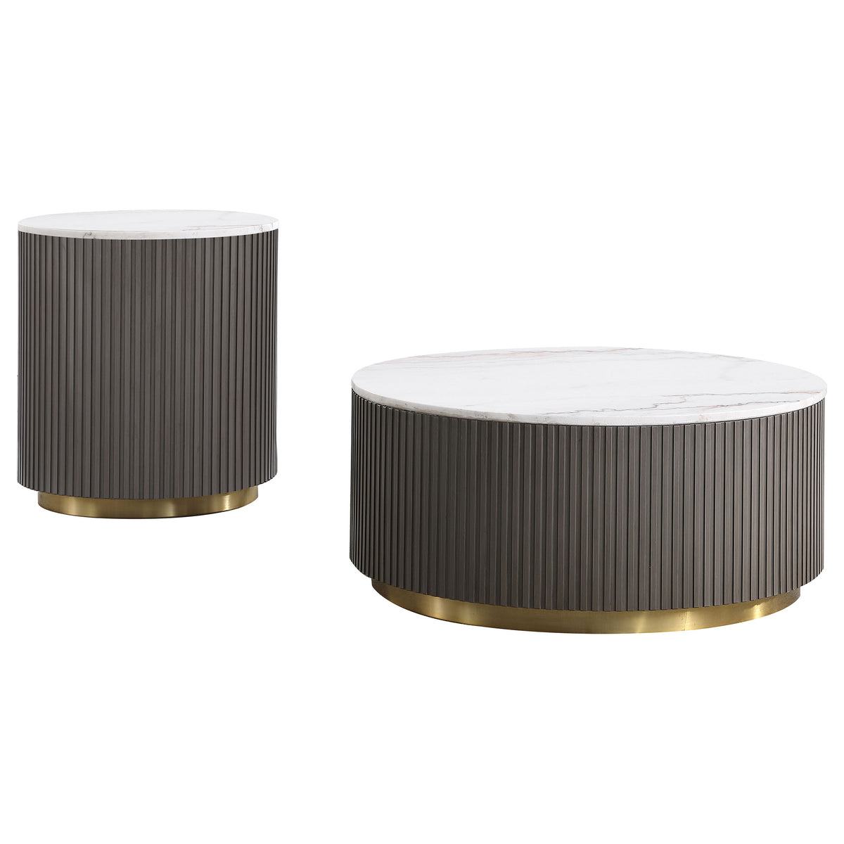 Jason Round White Marble Top Coffee Table, End Table & Sets - Reeded Charcoal Drum Base with Gold Ring – view 19