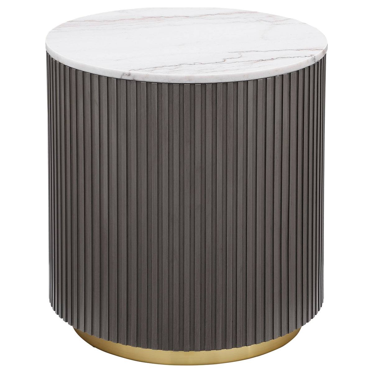 Jason Round White Marble Top Coffee Table, End Table & Sets - Reeded Charcoal Drum Base with Gold Ring – view 20