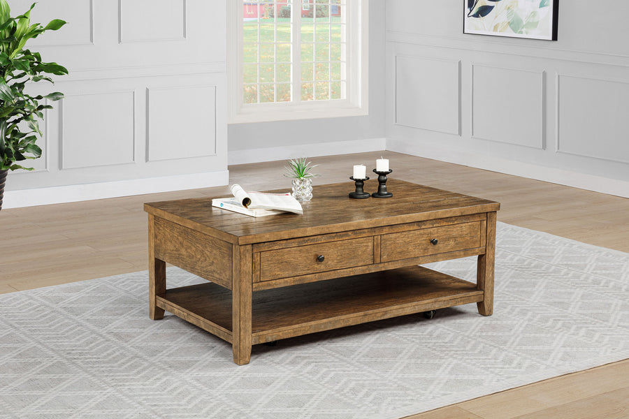 Payne 48" Lift-Top Coffee Table on Casters - Distressed Brown with Hidden Storage & Lower Shelf