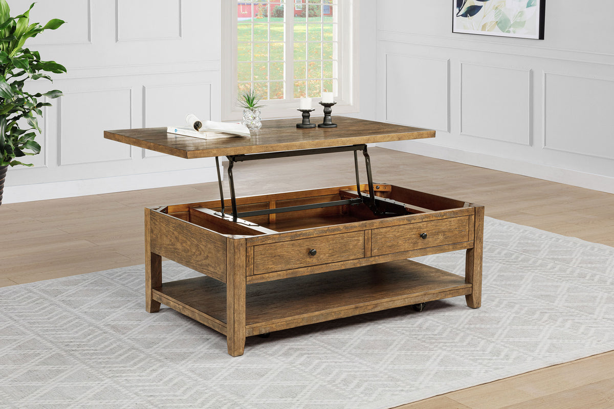 Payne 48" Lift-Top Coffee Table on Casters - Distressed Brown with Hidden Storage & Lower Shelf – view 3