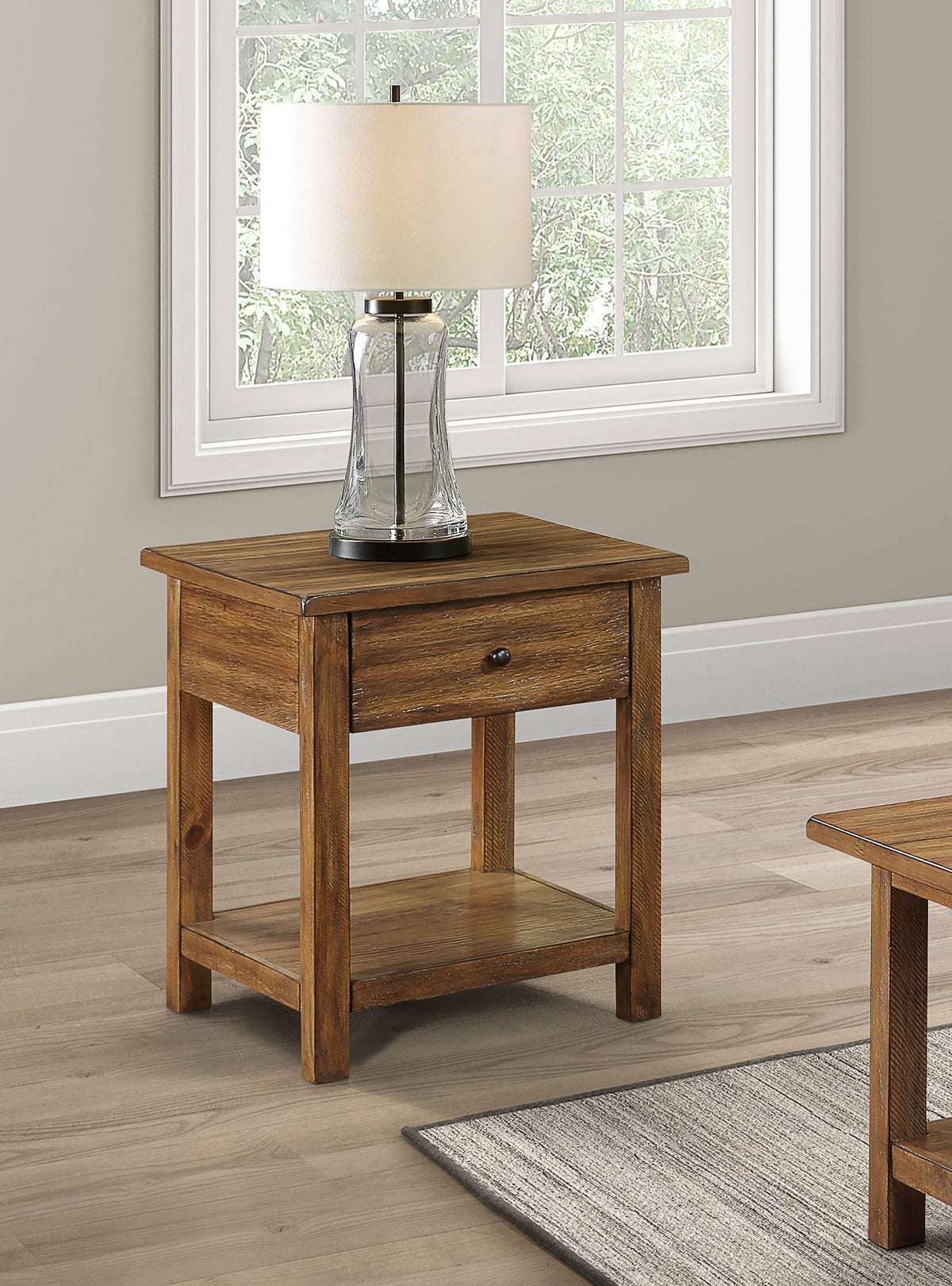 Payne Farmhouse Coffee, End & Console Tables with Shelf - Distressed Brown Pine - lifestyle