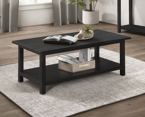 Payne Coffee Table, End Tables & Console - Rustic Farmhouse Distressed Java with Open Shelves