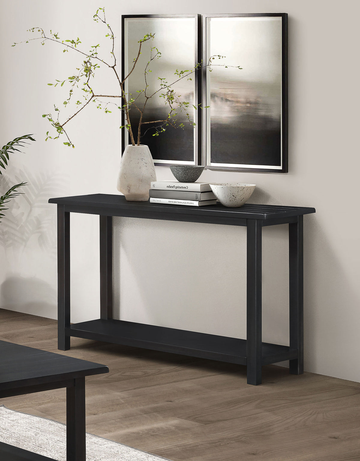 Payne Coffee Table, End Tables & Console - Rustic Farmhouse Distressed Java with Open Shelves - lifestyle