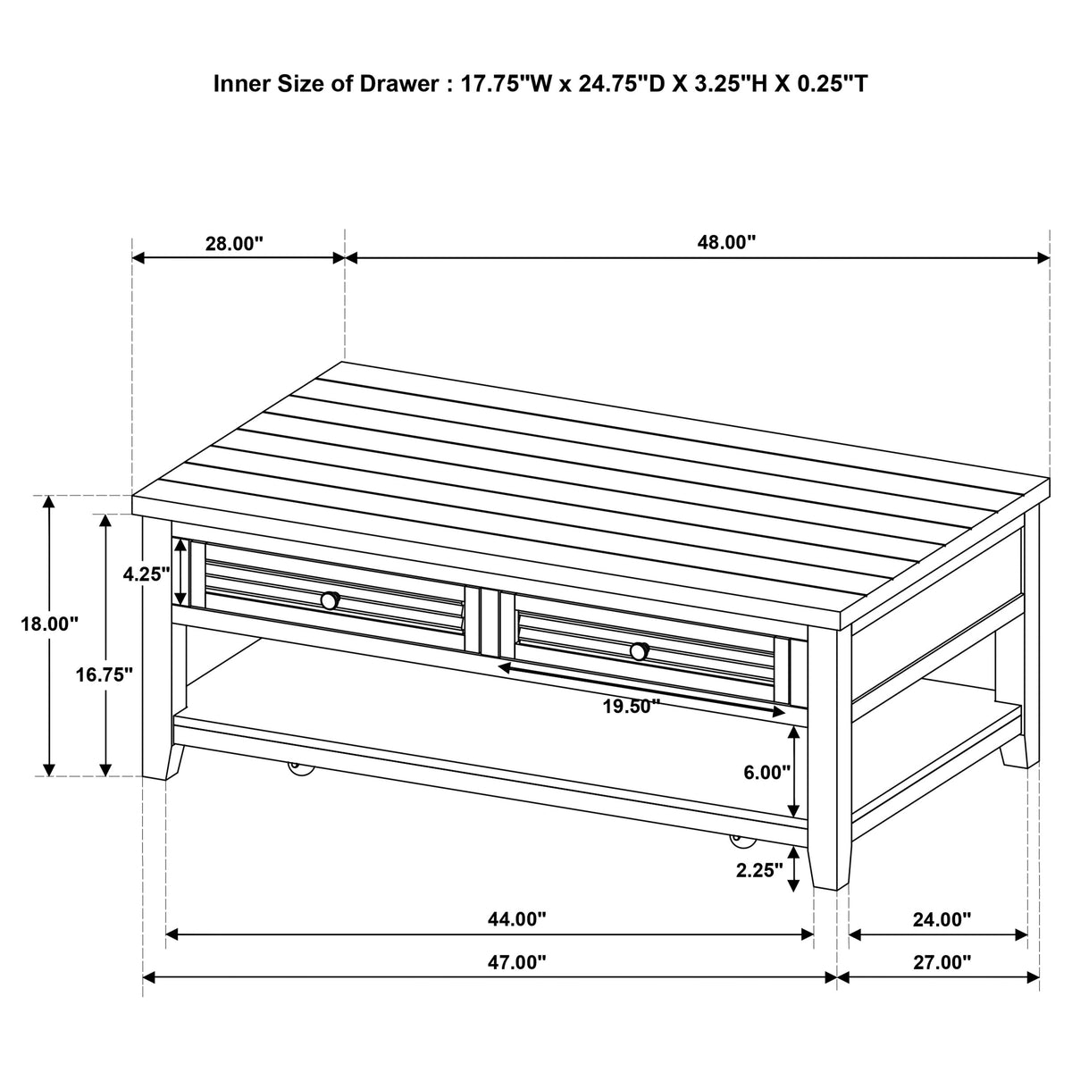Concord Coffee Table & End Table - Distressed Java Planked Top with Louvered Drawers – view 13