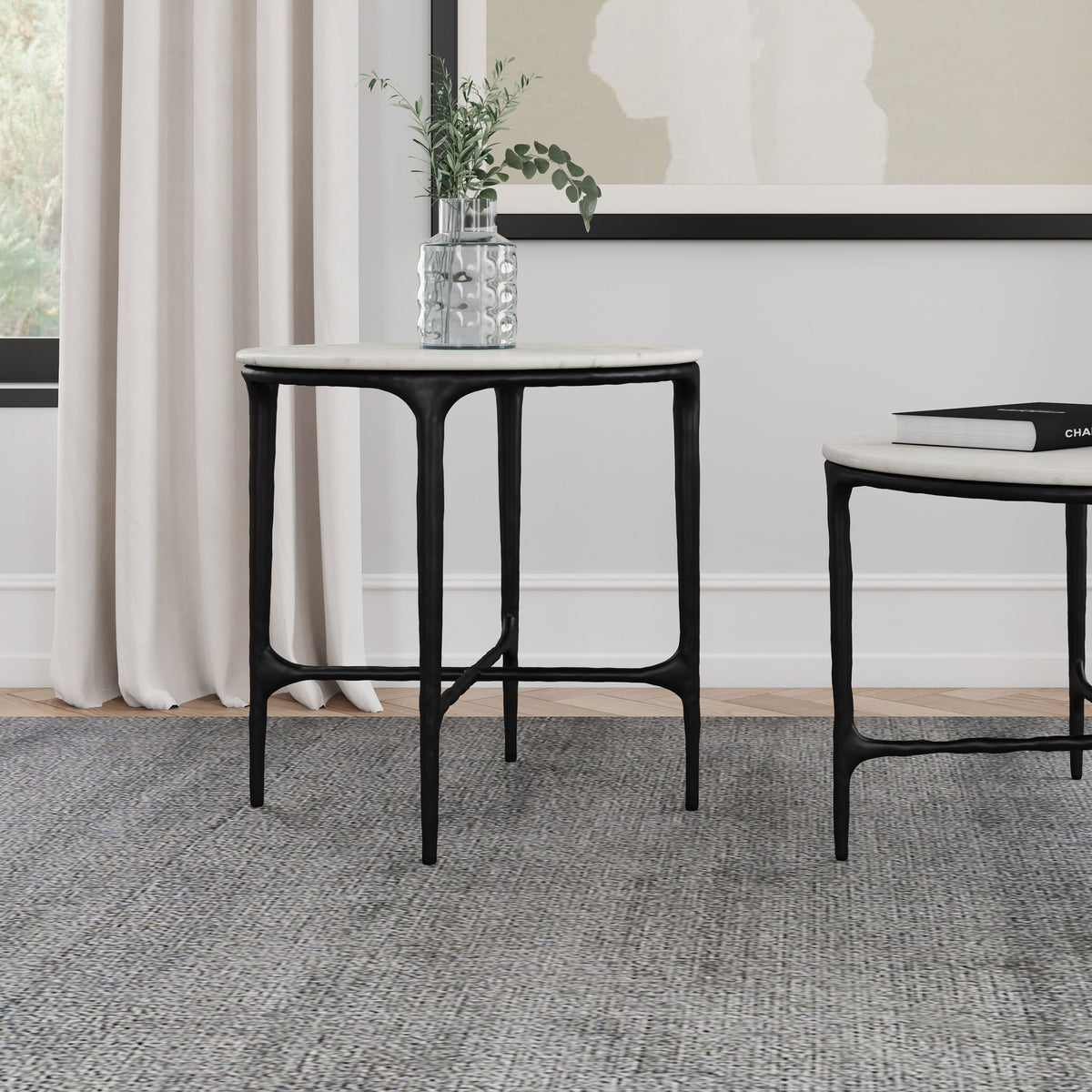 Hermas Round Genuine Marble Coffee & End Table Sets - White Marble Tops on Textured Black Metal – view 12
