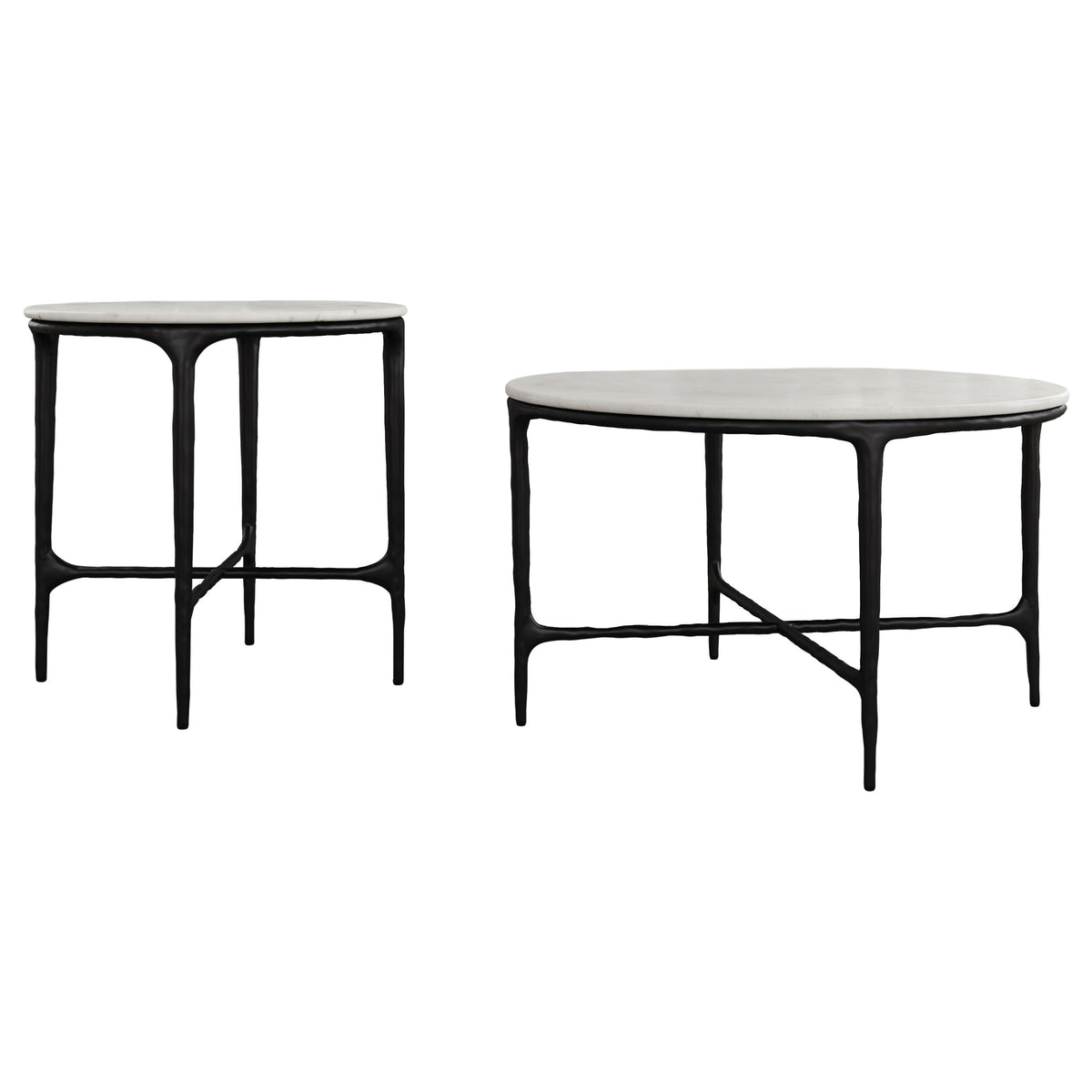 Hermas Round Genuine Marble Coffee & End Table Sets - White Marble Tops on Textured Black Metal – view 19