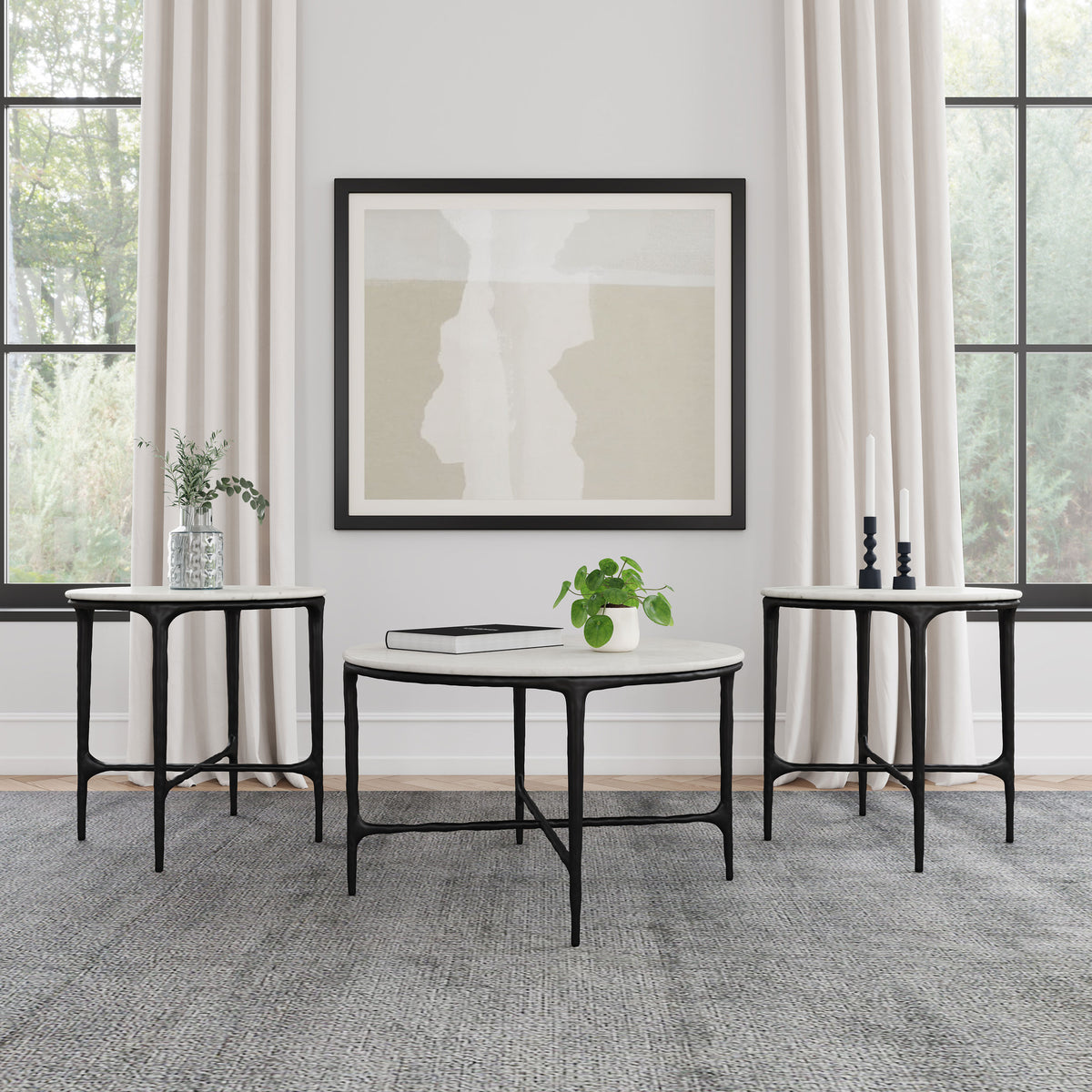 Hermas Round Genuine Marble Coffee & End Table Sets - 3pcs- Coffee Table + 2 End Tables