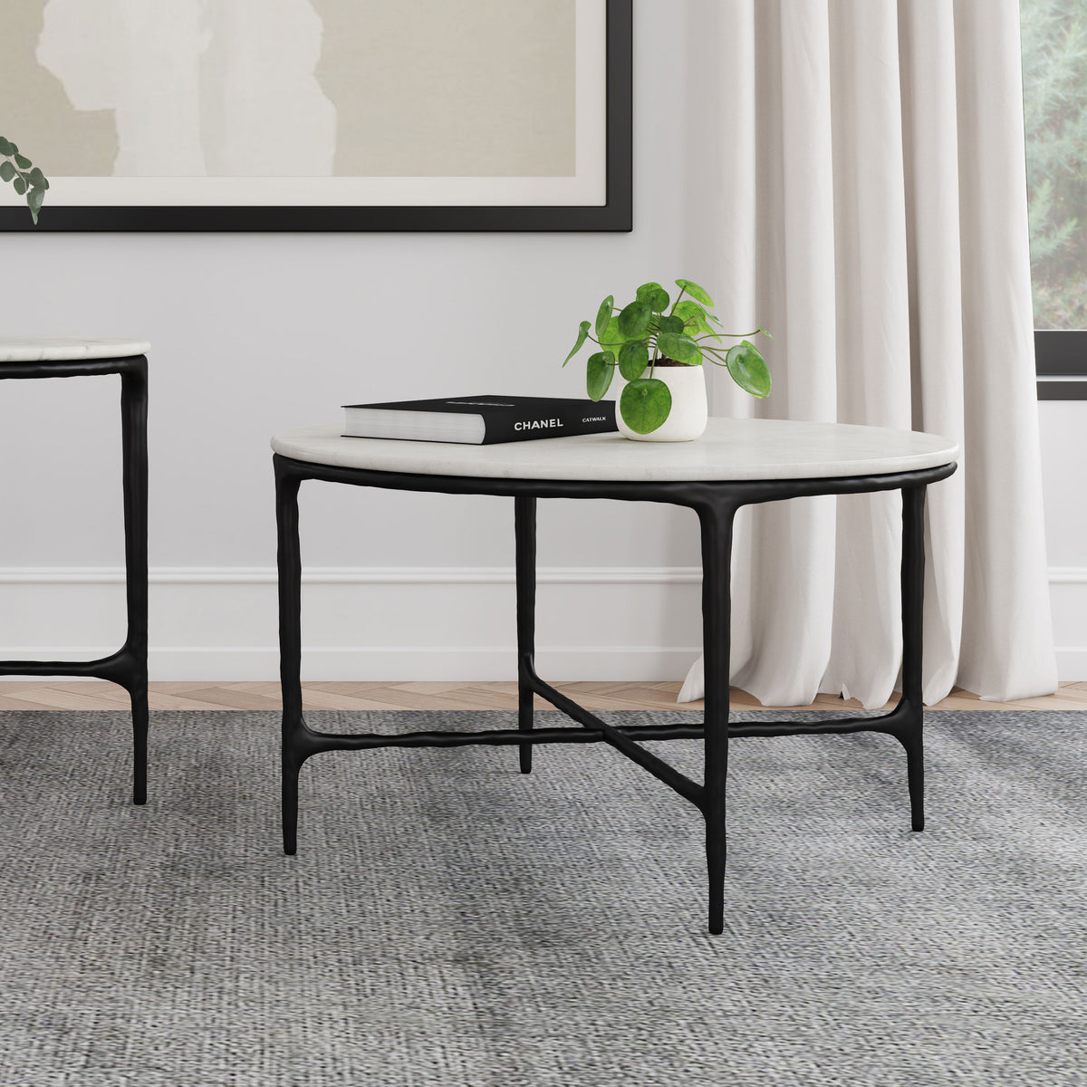 Hermas Round Genuine Marble Coffee & End Table Sets - White Marble Tops on Textured Black Metal – view 1