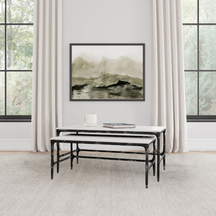 Ebby 2-Piece Nesting Coffee Tables - Genuine White Marble Tops on Antique Black Iron Frames