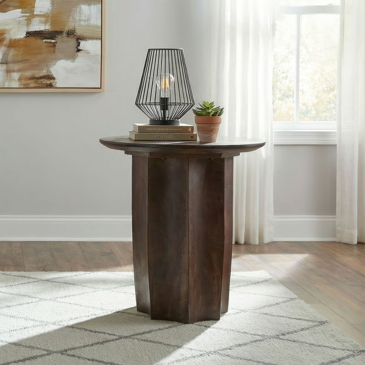 Cayenne Round Coffee Table & End Table Sets - Sculpted Pedestal Base in Solid Mango Wood, Walnut – view 2