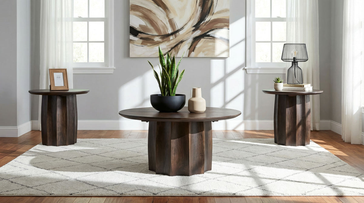 Cayenne Round Coffee Table & End Table Sets - 3pcs- Coffee Table + 2 End Tables