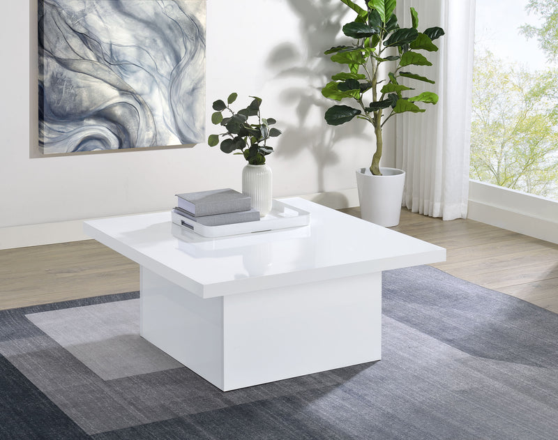 Devar Square Coffee & End Table - Sculptural Plinth Base in White High Gloss