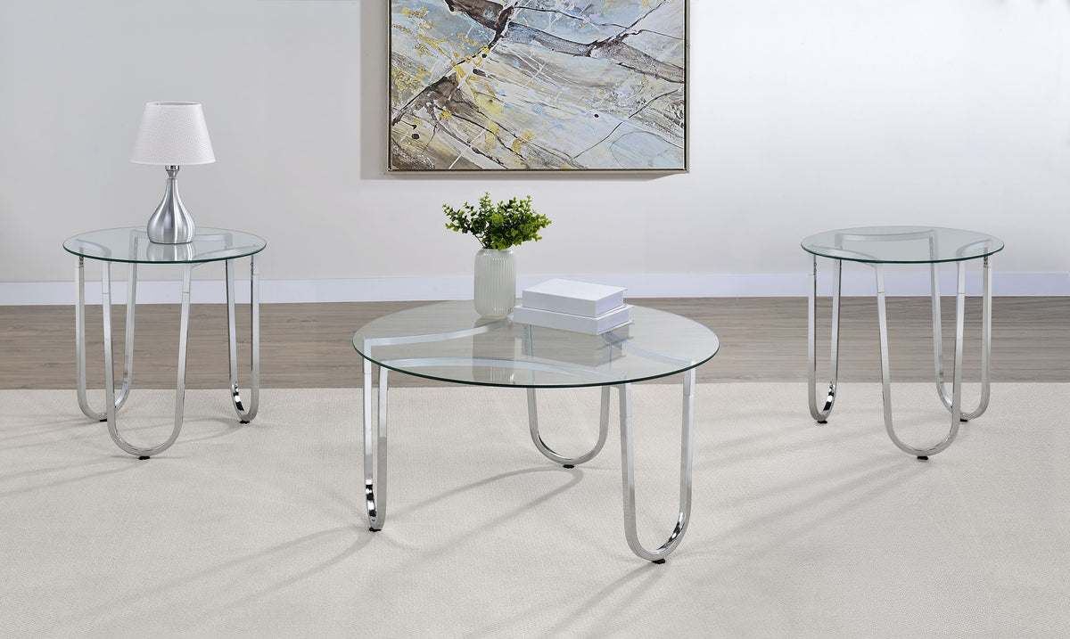 Beller Round Glass Coffee Table & End Table Sets - 3pcs- Coffee Table + 2 End Tables