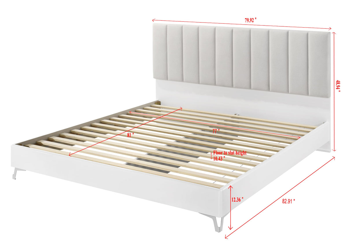 Linea 83" Eastern King Bed Frame, White Frame with Beige Padded Headboard - side view