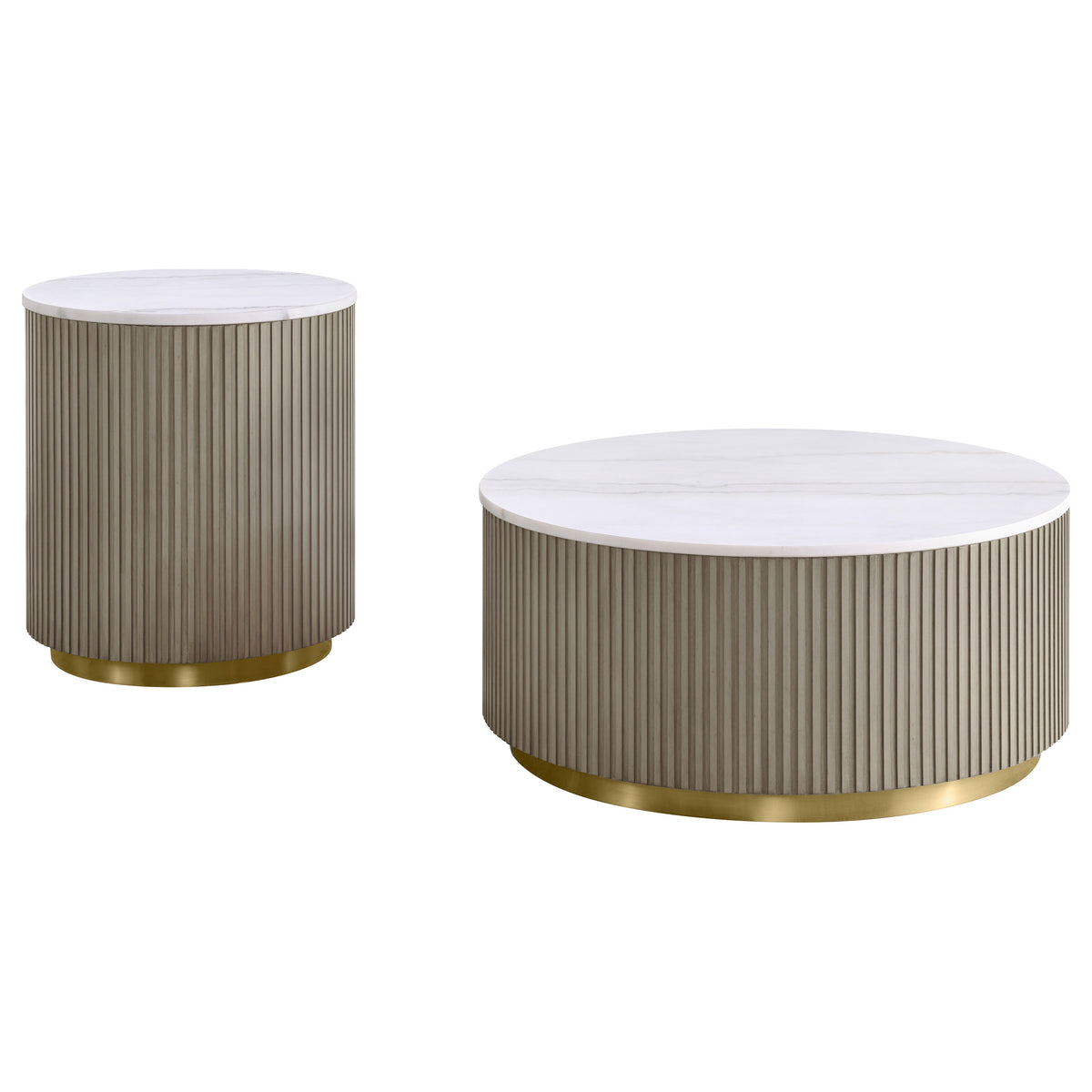 Jason Round White Marble Top Coffee Table & End Table Sets - Reeded Drum Base in Greige with Gold Ring – view 19