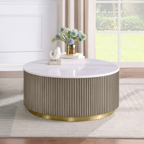 Jason Round White Marble Top Coffee Table & End Table Sets - Reeded Drum Base in Greige with Gold Ring