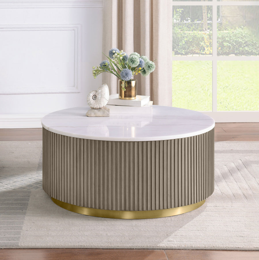 Jason Round White Marble Top Coffee Table & End Table Sets - Reeded Drum Base in Greige with Gold Ring