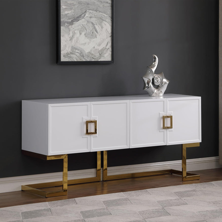 Tommy Contemporary High Gloss Lacquer Sideboard/Buffet with Gold Handles in White