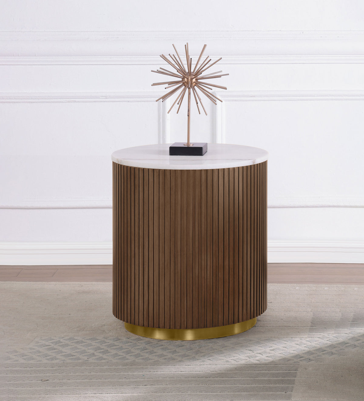 Jason Round White Marble Coffee Table & End Table - Reeded Honey Brown Drum Base with Gold Ring – view 2