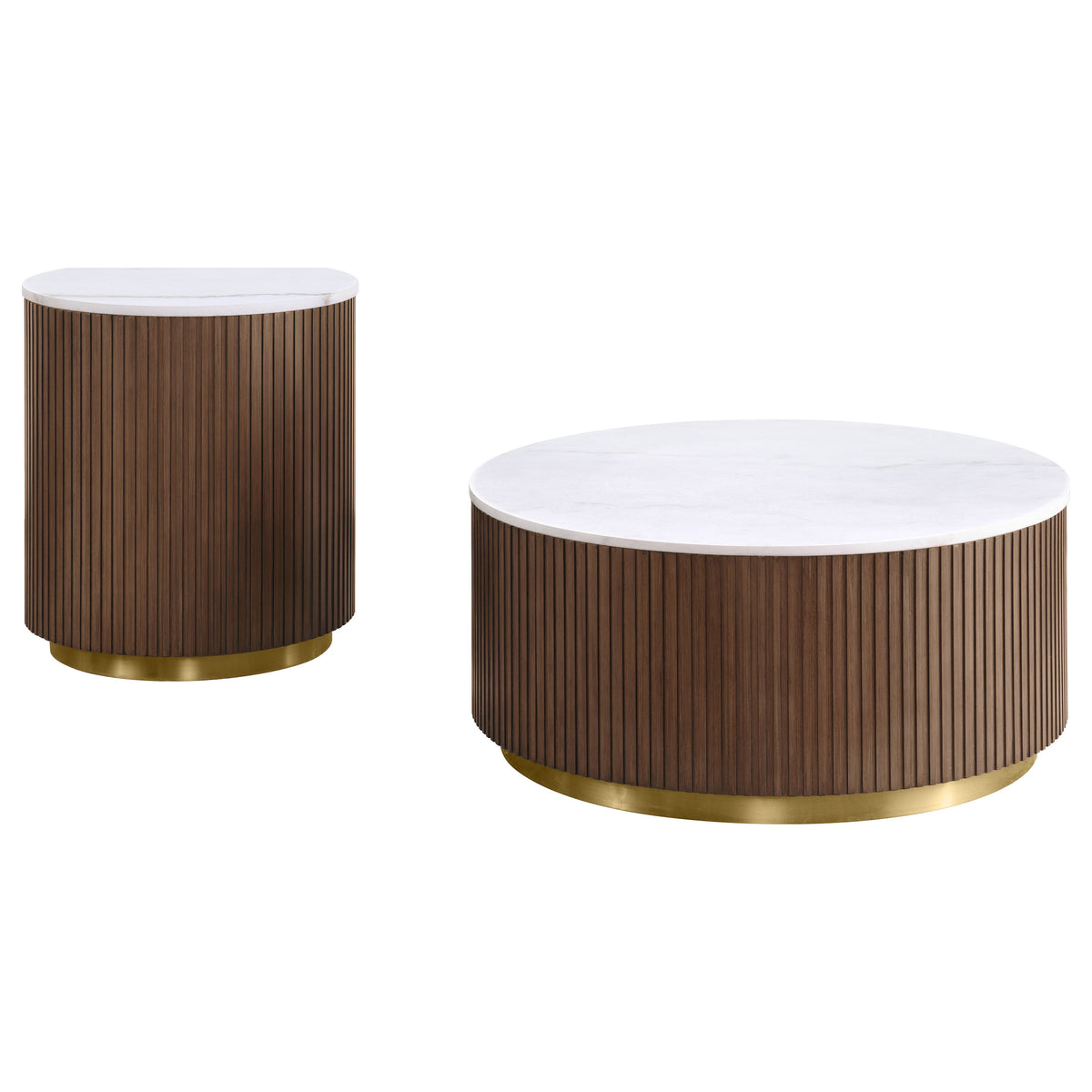 Jason Round White Marble Coffee Table & End Table - Reeded Honey Brown Drum Base with Gold Ring – view 19