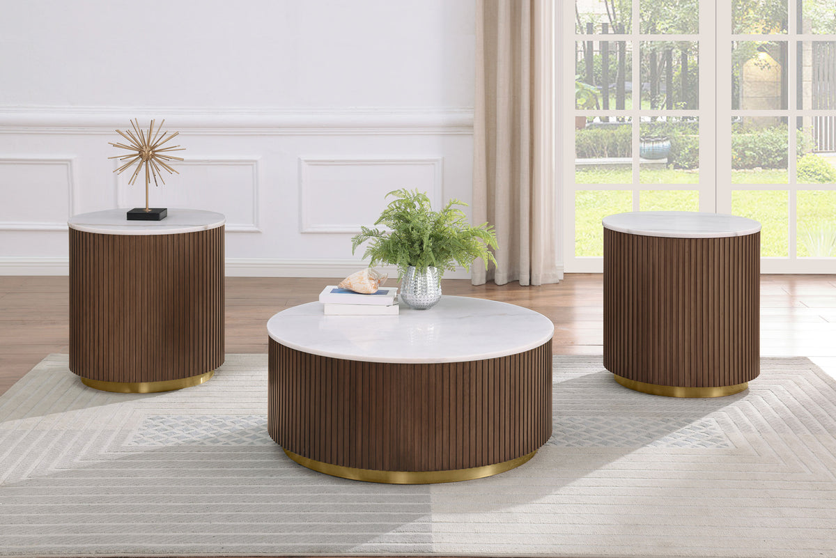 Jason Round White Marble Coffee Table & End Table - 3pcs- Coffee Table + 2 End Tables